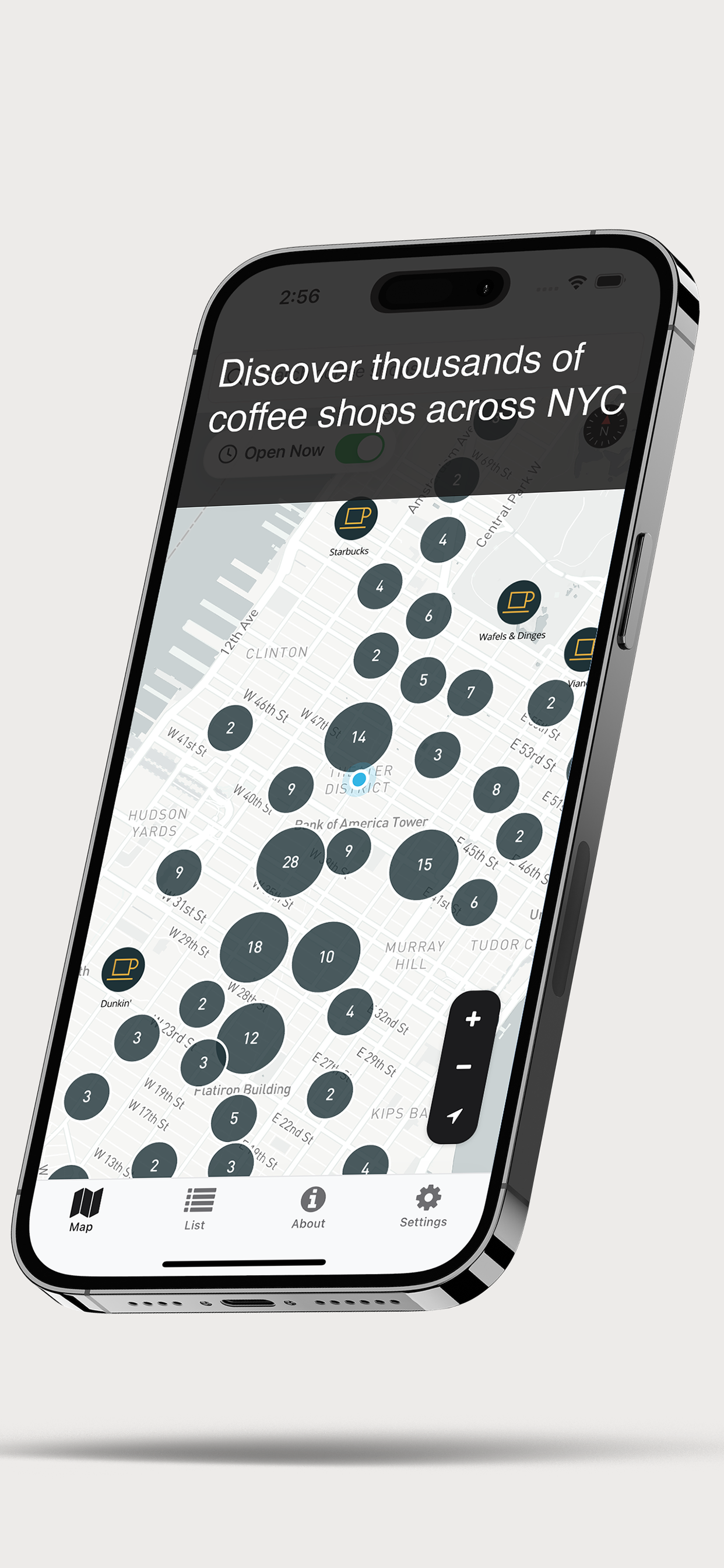 NYC Coffee map view showing coffee shops in Manhattan