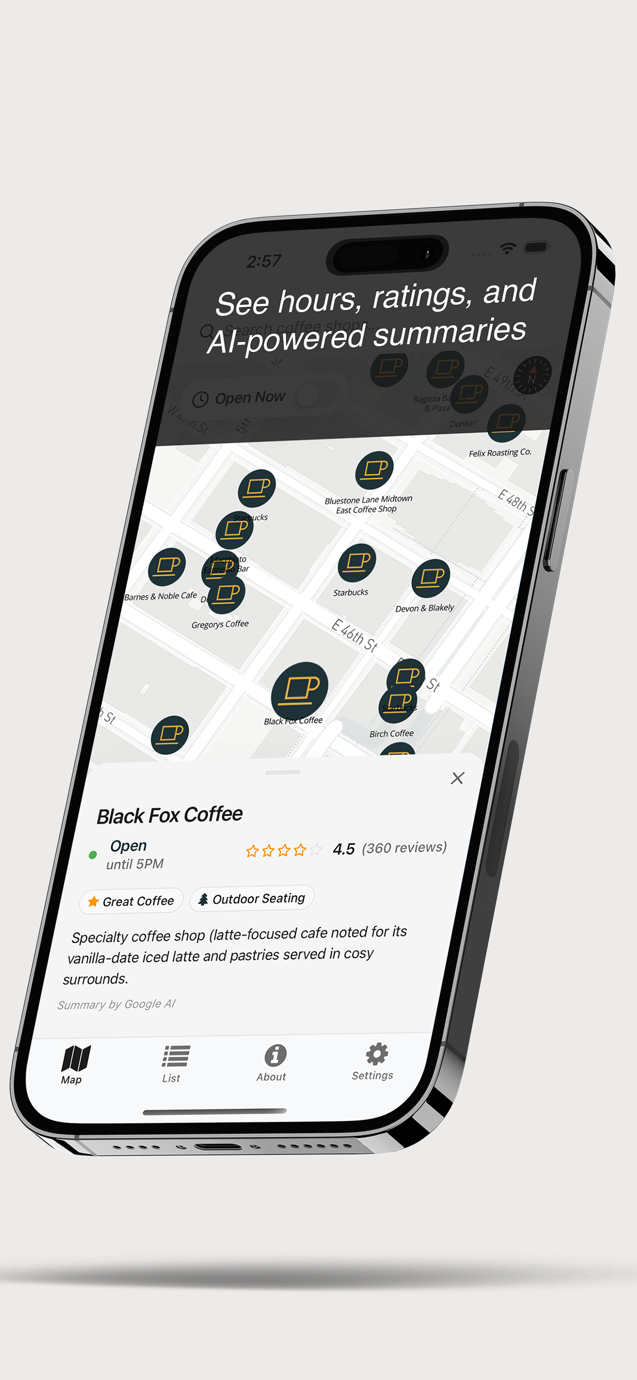 NYC Coffee list view of nearby shops