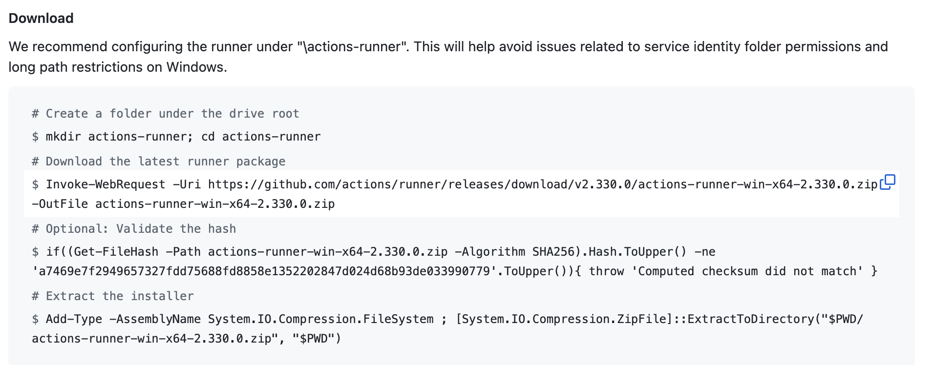 GitHub runner download section