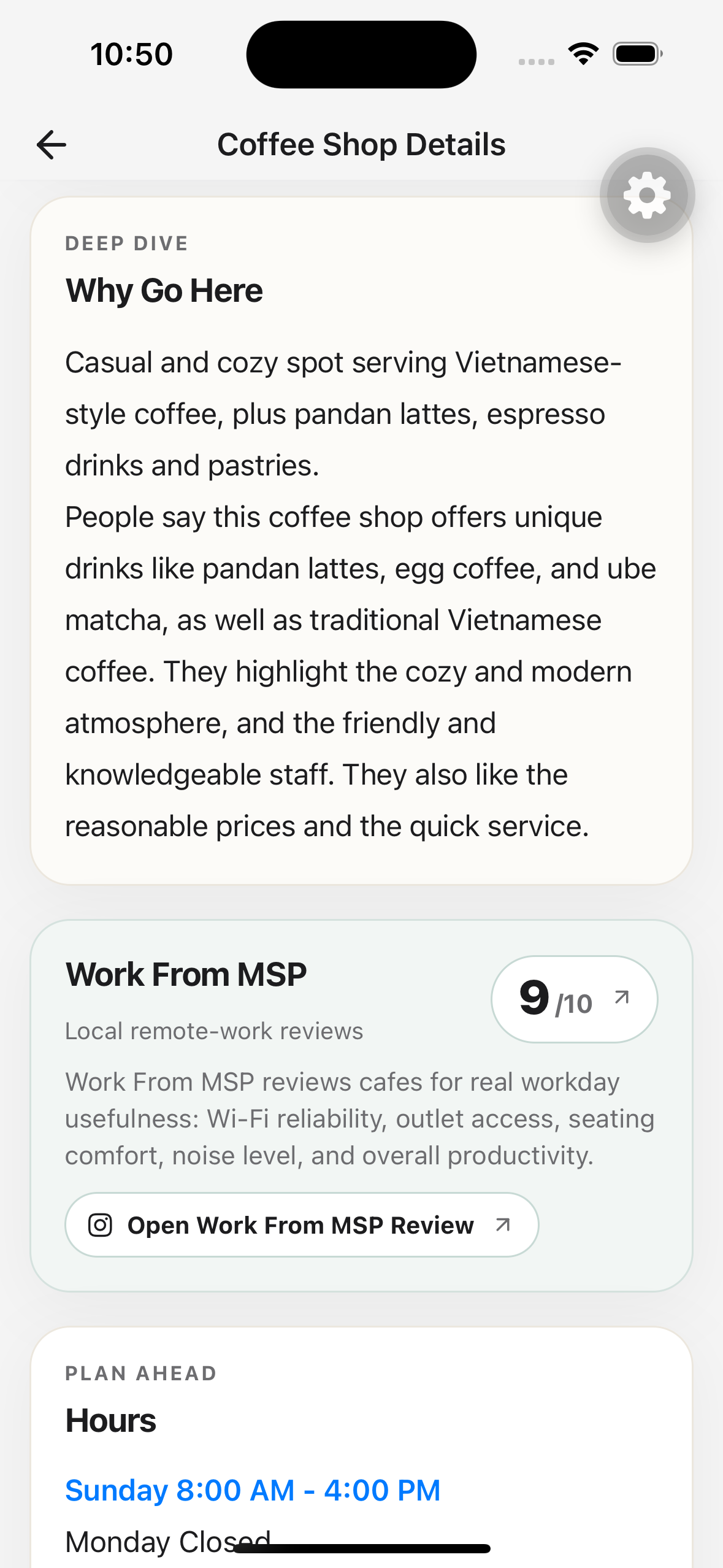MN Coffee Map Details Screen