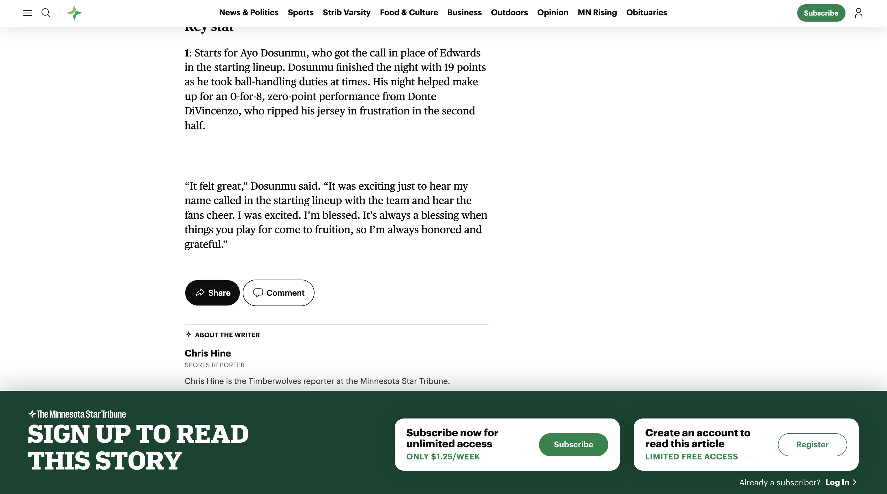 Star Tribune paywall rendered at the bottom of the page after scrolling