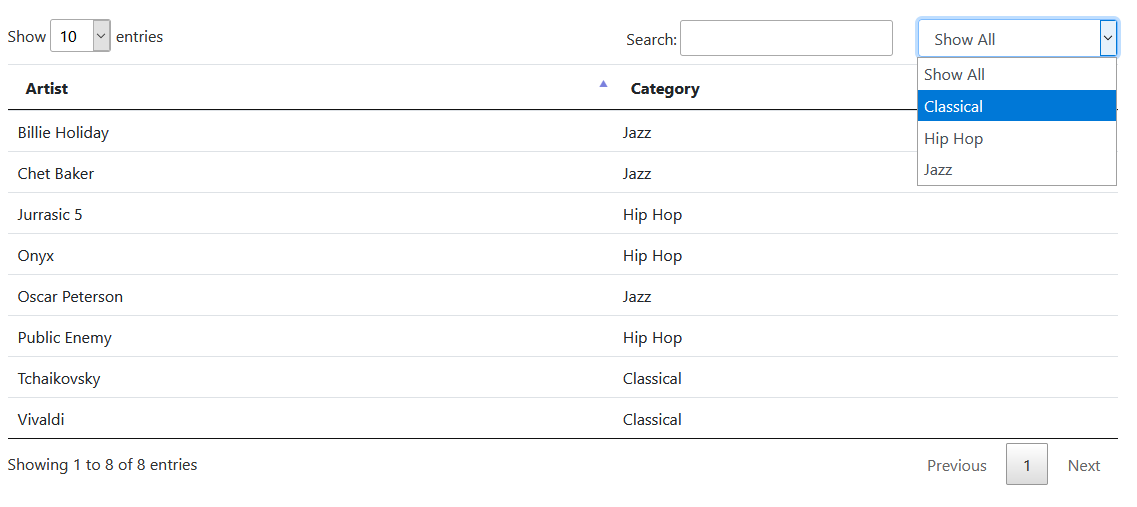 Filter DataTable Example